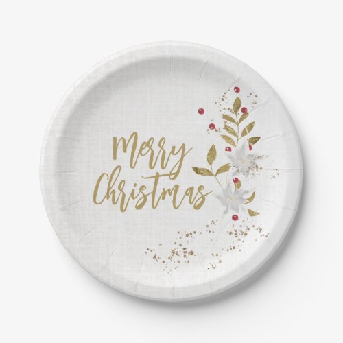 Poinsettia and Red Berries Elegant Holiday Party Paper Plates