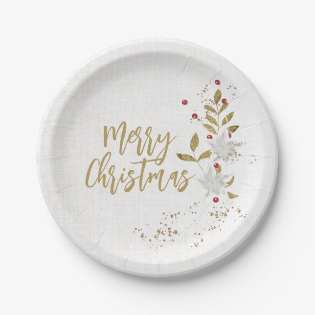 Poinsettia and Red Berries Elegant Holiday Party Paper Plates (Front)