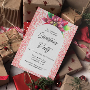 Poinsettia and Red Glitter Christmas Party Invitation