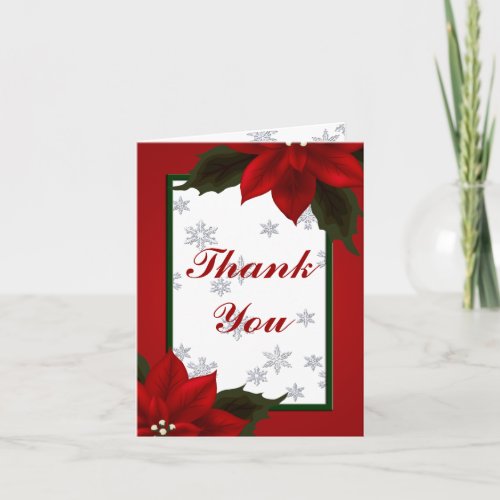 Poinsettia and Snowflake Thank You Note Card