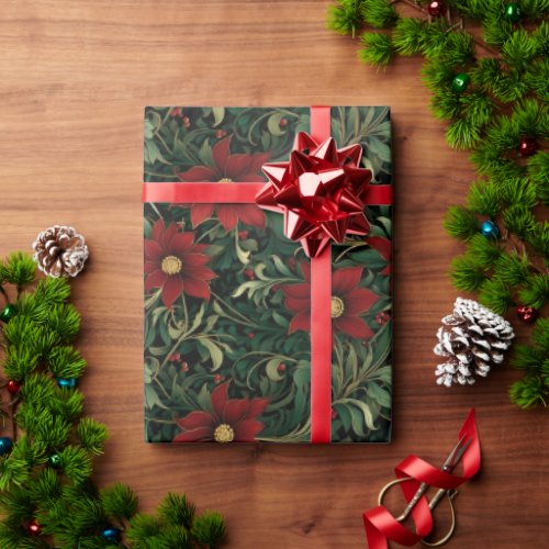 Poinsettia Art Noveau Floral Christmas Pattern Wrapping Paper