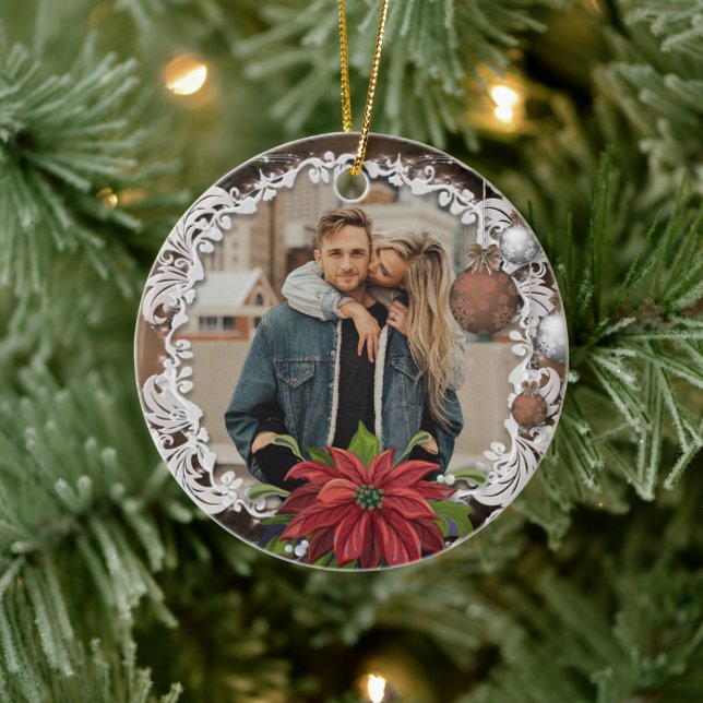Poinsettia Bauble | Ornate Christmas Holiday Photo Ceramic Ornament (Tree)
