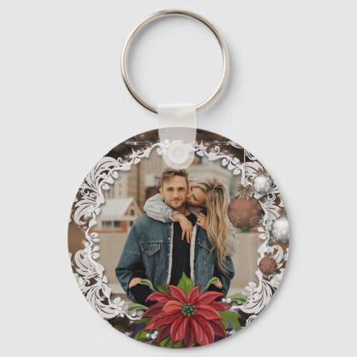 Poinsettia Bauble  Ornate Christmas Holiday Photo Keychain