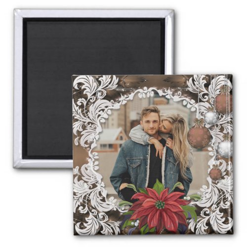 Poinsettia Bauble  Ornate Christmas Holiday Photo Magnet