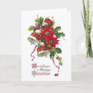 Poinsettia Bells and Holly Vintage Christmas Holiday Card