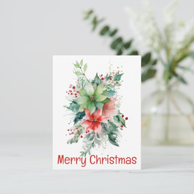 Poinsettia Berries And Leaves Christmas Card (Standing Front)