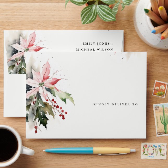 Poinsettia Berries Foliage Watercolor Wedding Envelope (Desk)