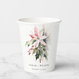 Poinsettia Berries Foliage Watercolor Wedding Paper Cups