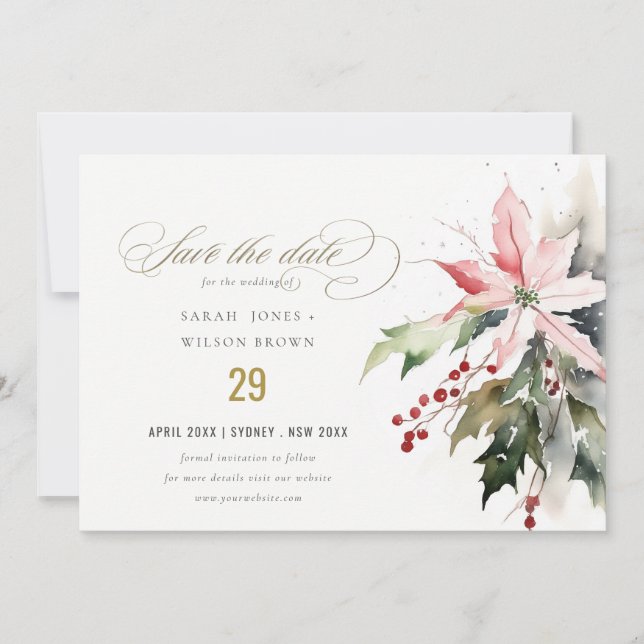 Poinsettia Berries Foliage Watercolor Wedding Save The Date (Front)