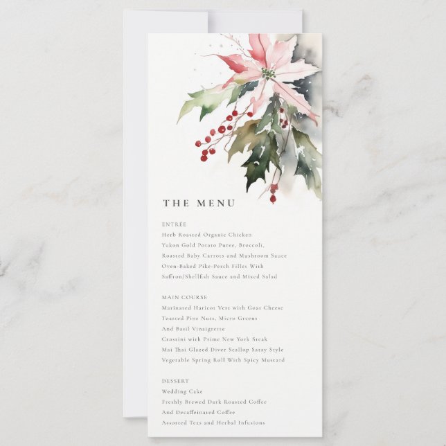 Poinsettia Berries Foliage Wedding Menu Card (Front)