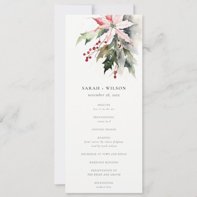 Poinsettia Berries Foliage Wedding Program Card (Front)