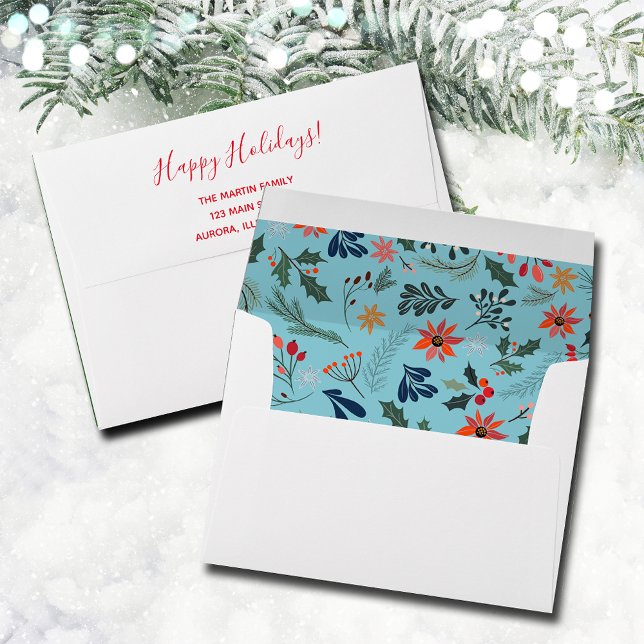 Poinsettia Berries Leaves Christmas Holiday Envelope (Poinsettia berries leaves Christmas holiday envelopes, FREE return address on the back.)