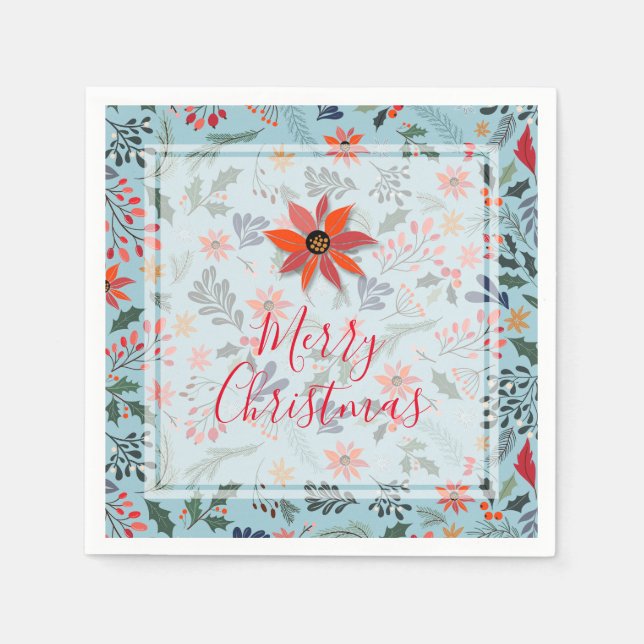 Poinsettia Berries Leaves Holiday Christmas Napkins (Front)
