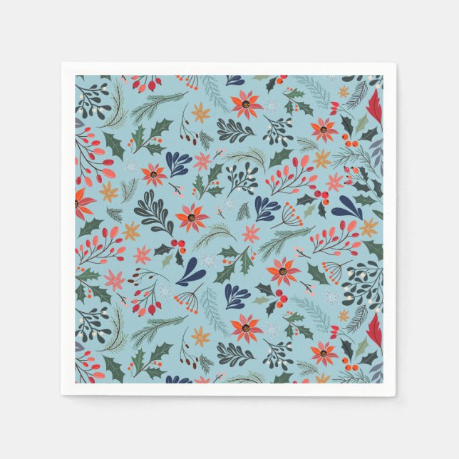 Poinsettia Berries Leaves Holiday Christmas Napkins (Front)