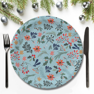 Poinsettia Berries Leaves Holiday Christmas Paper Plates