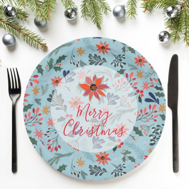 Poinsettia Berries Leaves Holiday Christmas Paper Plates (Creator Uploaded)