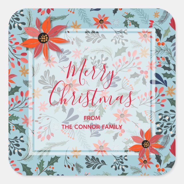 Poinsettia Berries Leaves Holiday Christmas Square Sticker (Front)