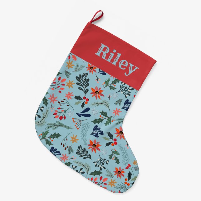 Poinsettia Berries Leaves Holiday Large Christmas Stocking (Front (Hanging))