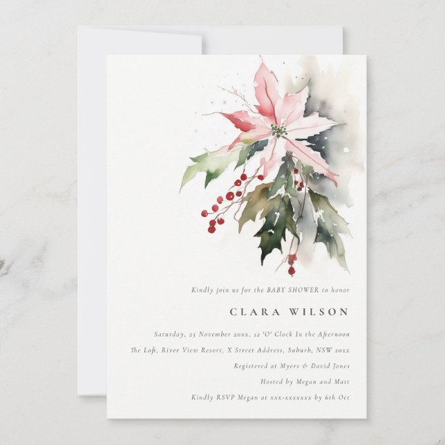 Poinsettia Berry Foliage Watercolor Baby Shower Invitation (Front)