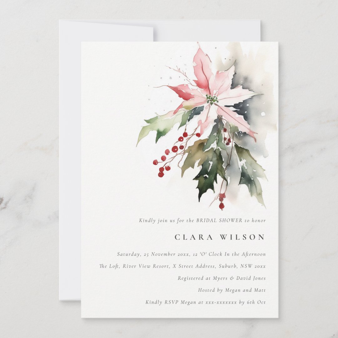 Poinsettia Berry Foliage Watercolor Bridal Shower                    Invitation