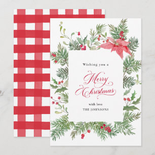 Poinsettia Botanical Red Plaid Christmas Holiday Card