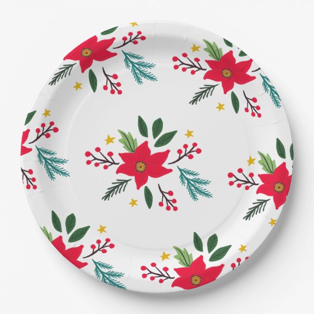 Poinsettia Botanicals Foliage Holiday Christmas  Paper Plates (Front)