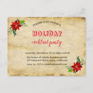 Poinsettia Bouquet, Vintage Christmas party Invitation Postcard