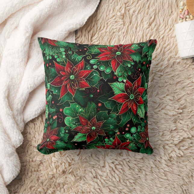 Poinsettia Brightly Colored Throw Pillow (Blanket)