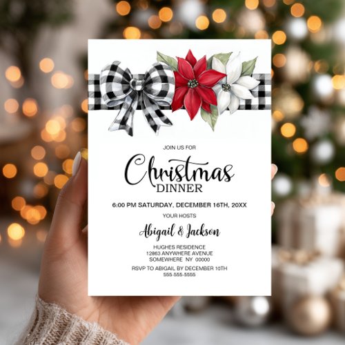 Poinsettia Buffalo Plaid Christmas Dinner Invitation