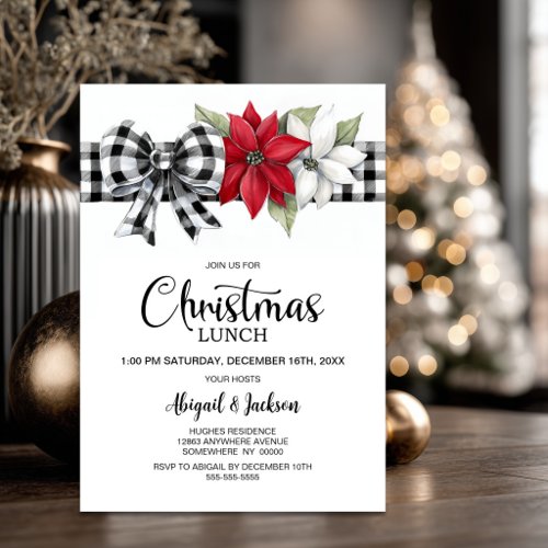 Poinsettia Buffalo Plaid Christmas Lunch Invitation