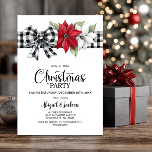 Poinsettia Buffalo Plaid Christmas Party Invitation