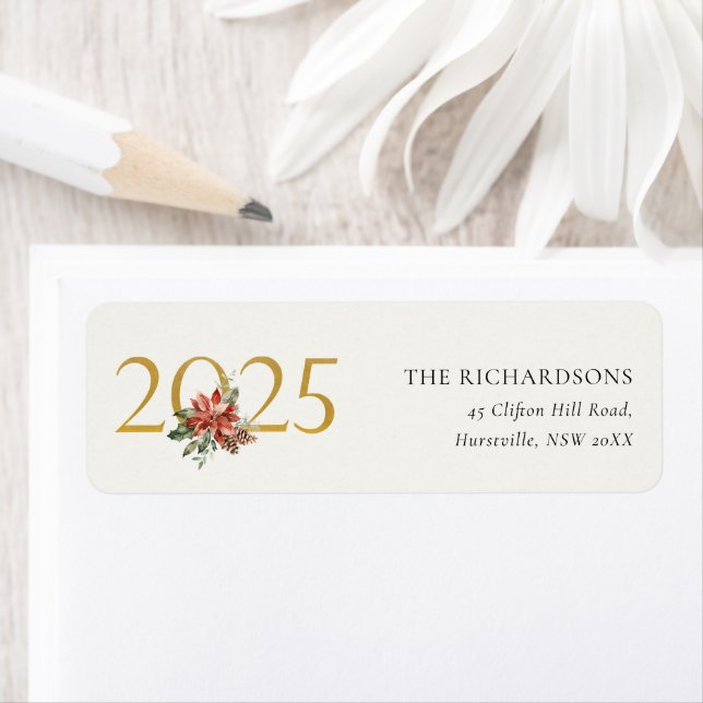 Poinsettia Bunch Foil Gold Year 2025 Address Label (Insitu)