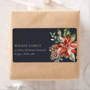 Poinsettia Bunch Navy Black Christmas Pine Address Label