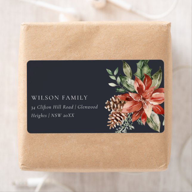Poinsettia Bunch Navy Black Christmas Pine Address Label (Insitu)