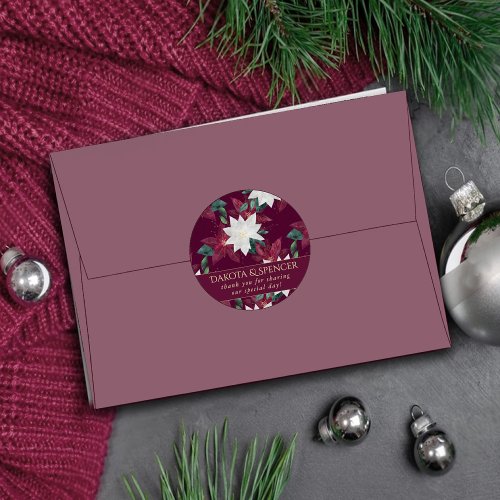 Poinsettia Burgundy and Teal Holiday Wedding Classic Round Sticker