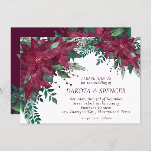 Poinsettia Burgundy and Teal Holiday Wedding Invitation