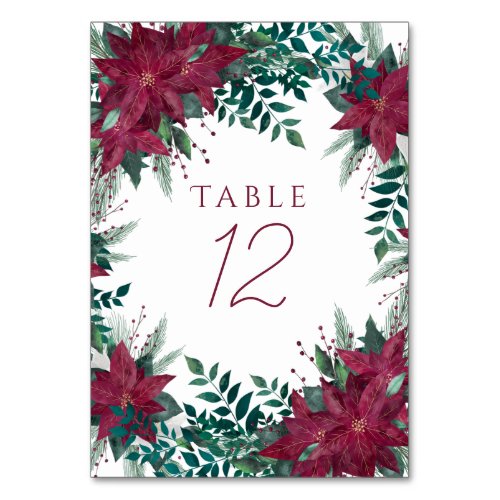 Poinsettia Burgundy and Teal Winter Floral Frame Table Number