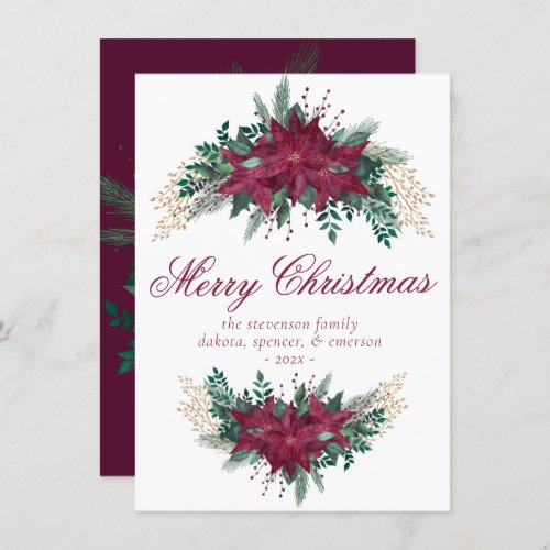 Poinsettia Burgundy and Teal Winter Floral Garland Holiday Card