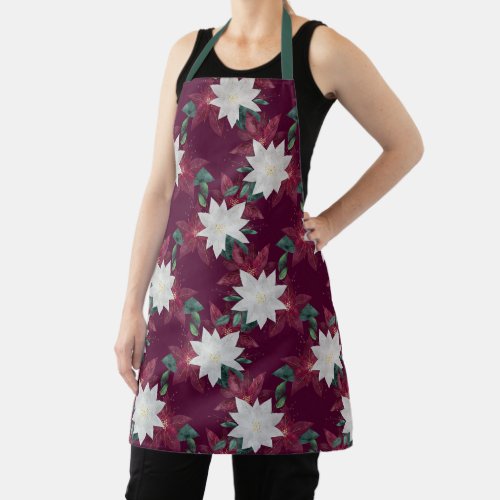 Poinsettia Burgundy and Teal Winter Holiday Floral Apron