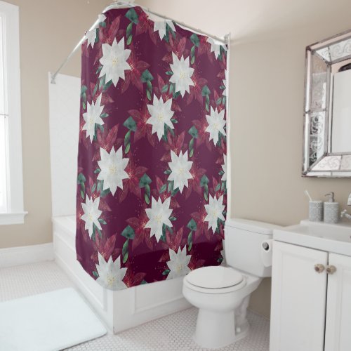 Poinsettia Burgundy and Teal Winter Holiday Floral Shower Curtain
