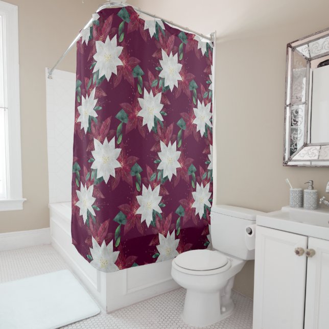 Poinsettia Burgundy and Teal Winter Holiday Floral Shower Curtain (In Situ)