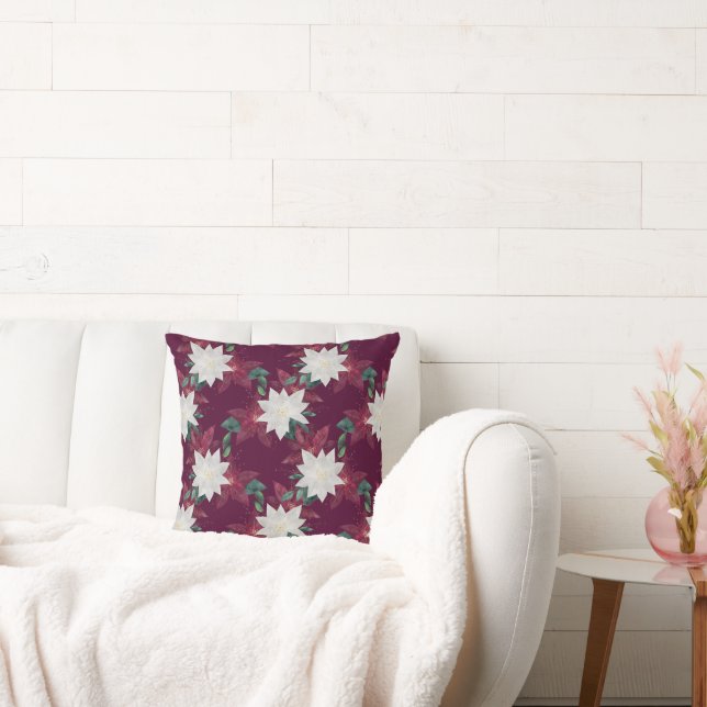 Poinsettia Burgundy and Teal Winter Holiday Floral Throw Pillow (Couch)