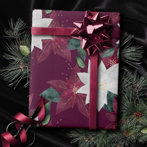 Poinsettia Burgundy and Teal Winter Holiday Floral Wrapping Paper