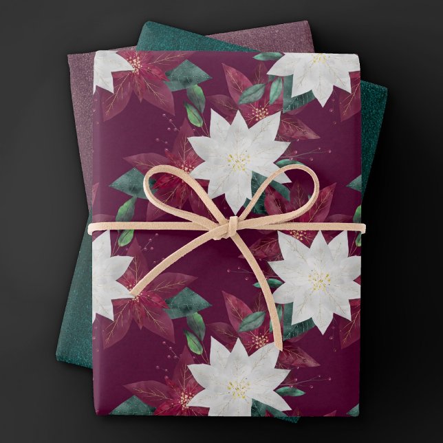Poinsettia Burgundy and Teal Winter Holiday Floral Wrapping Paper Sheets (Creator Uploaded)