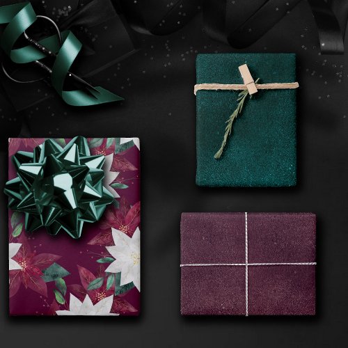 Poinsettia Burgundy and Teal Winter Holiday Floral Wrapping Paper Sheets