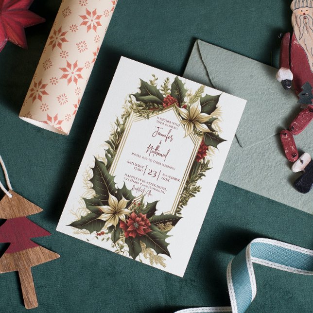 Poinsettia Burgundy Gold Xmas Floral Wedding Invitation (Creator Uploaded)