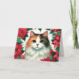 Poinsettia Calico Cat Christmas Card