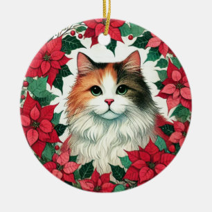 Poinsettia Calico Cat Christmas                   Ceramic Ornament