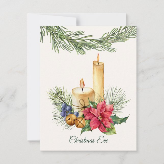 Poinsettia, candles, pine, bells Christmas Eve Holiday Card (Front)