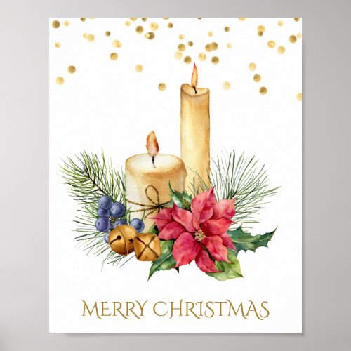 Poinsettia candles pine bells Christmas Poster